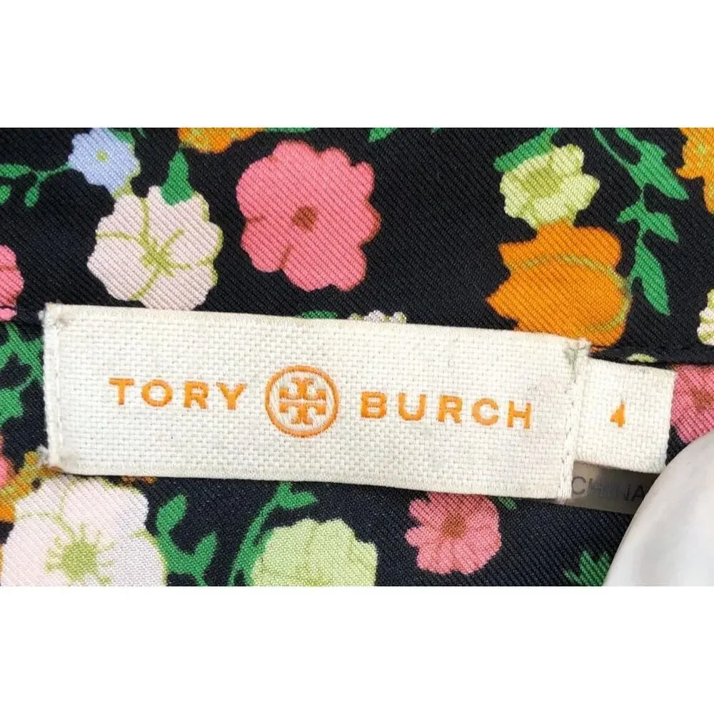 Tory Burch Ryder 100% Silk Floral Shirt Dress Navy Multicolor Size 4 Midi